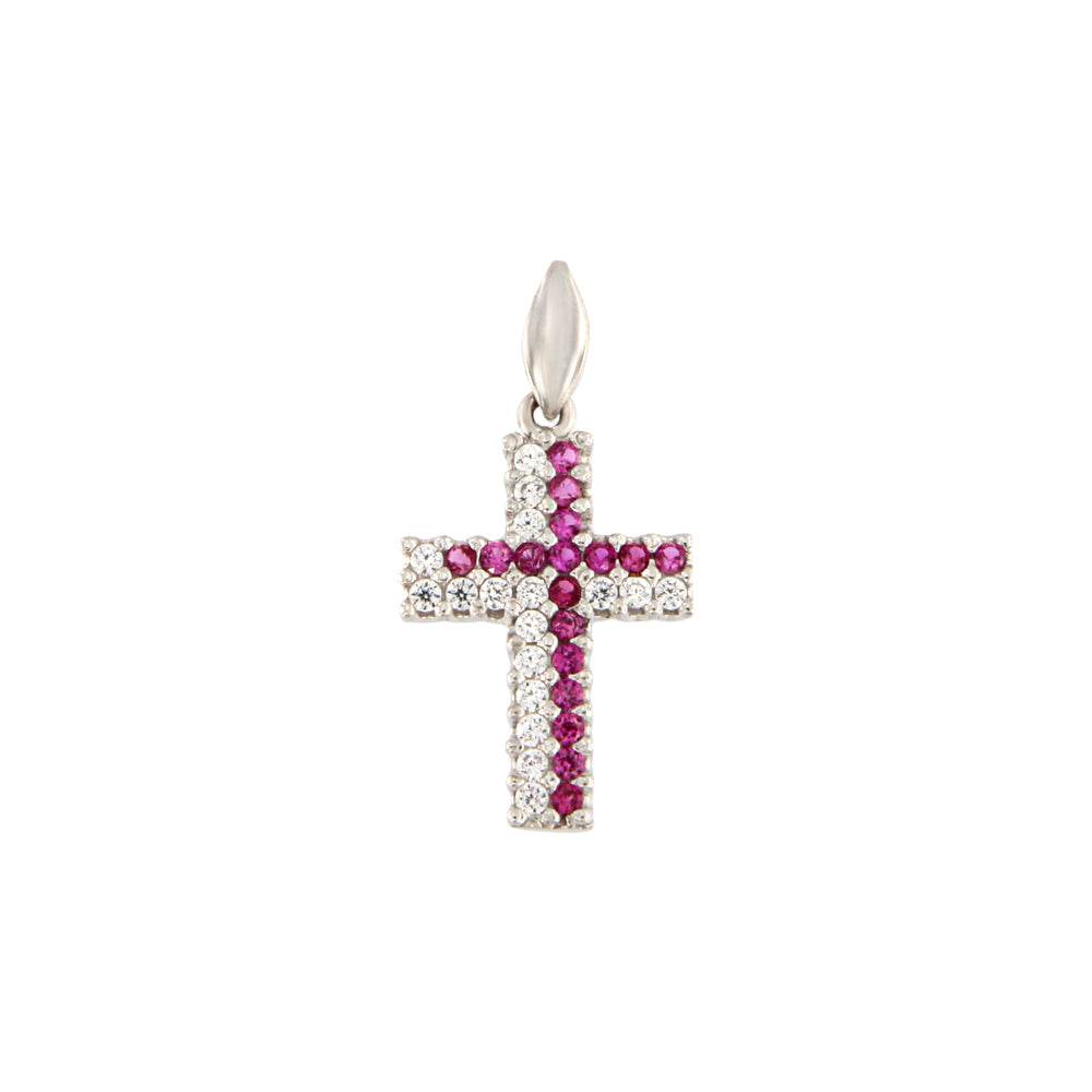 18ct gold Cross pendant with white/red stones