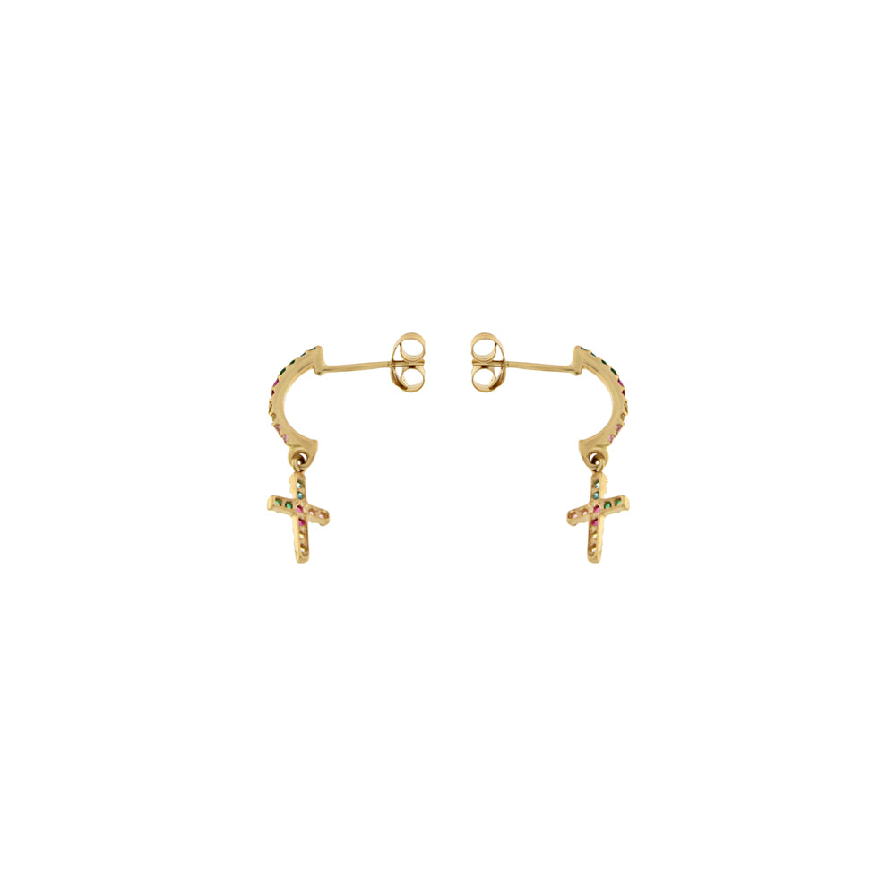 18ct gold Long earrings with crosses and colored stones