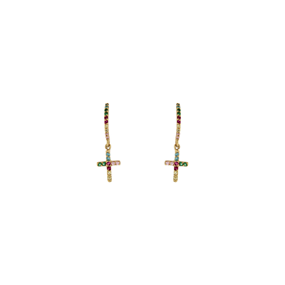 18ct gold Long earrings with crosses and colored stones