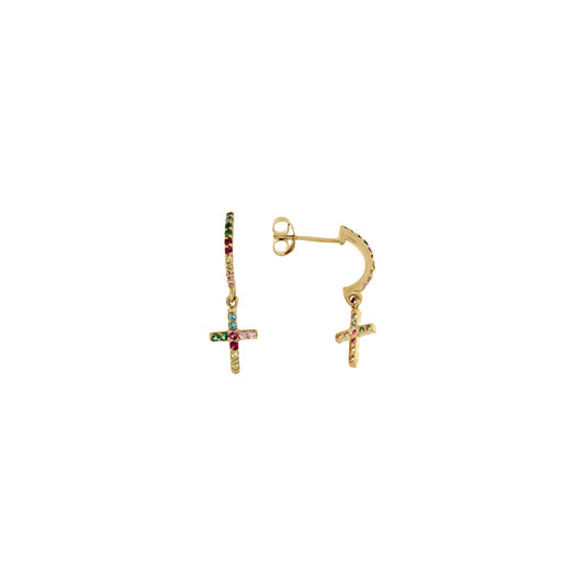 18ct gold Long earrings with crosses and colored stones