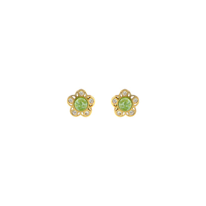 18ct gold Green stone flower earrings