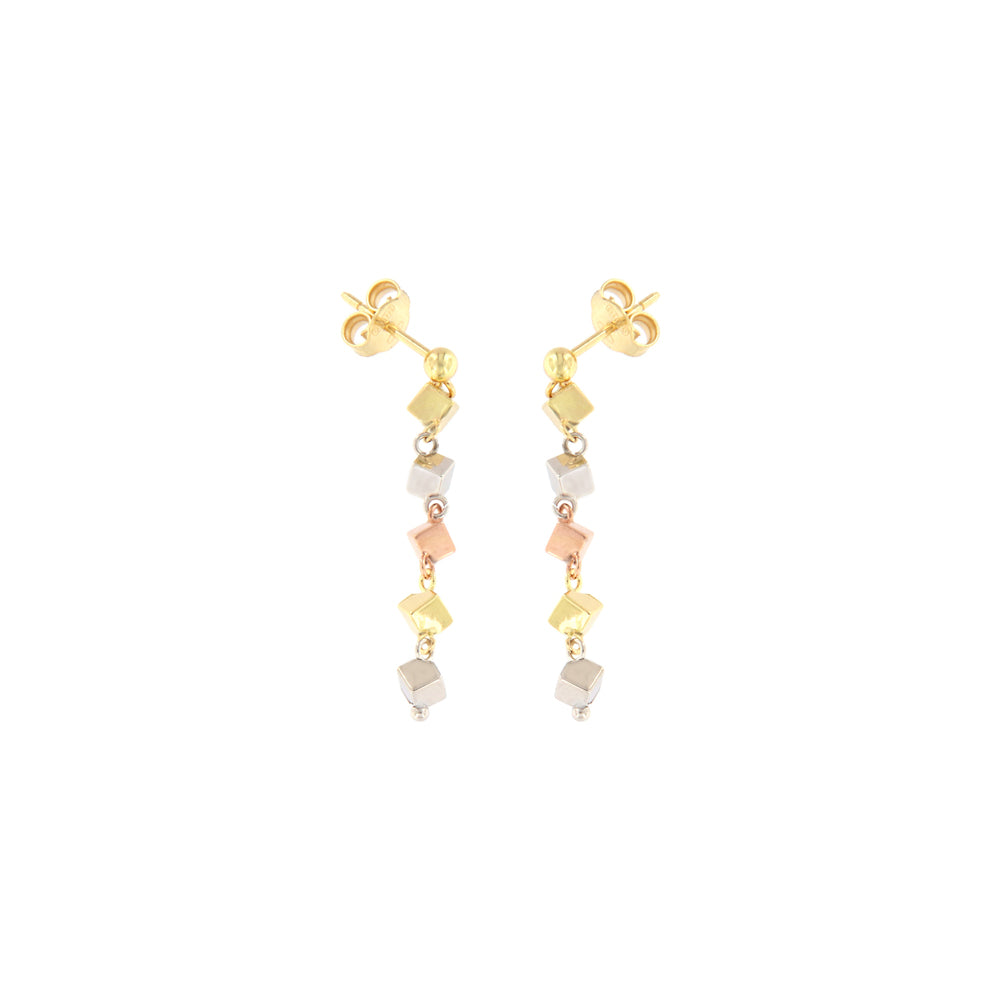 18ct gold Cubes tricolour drop earrings