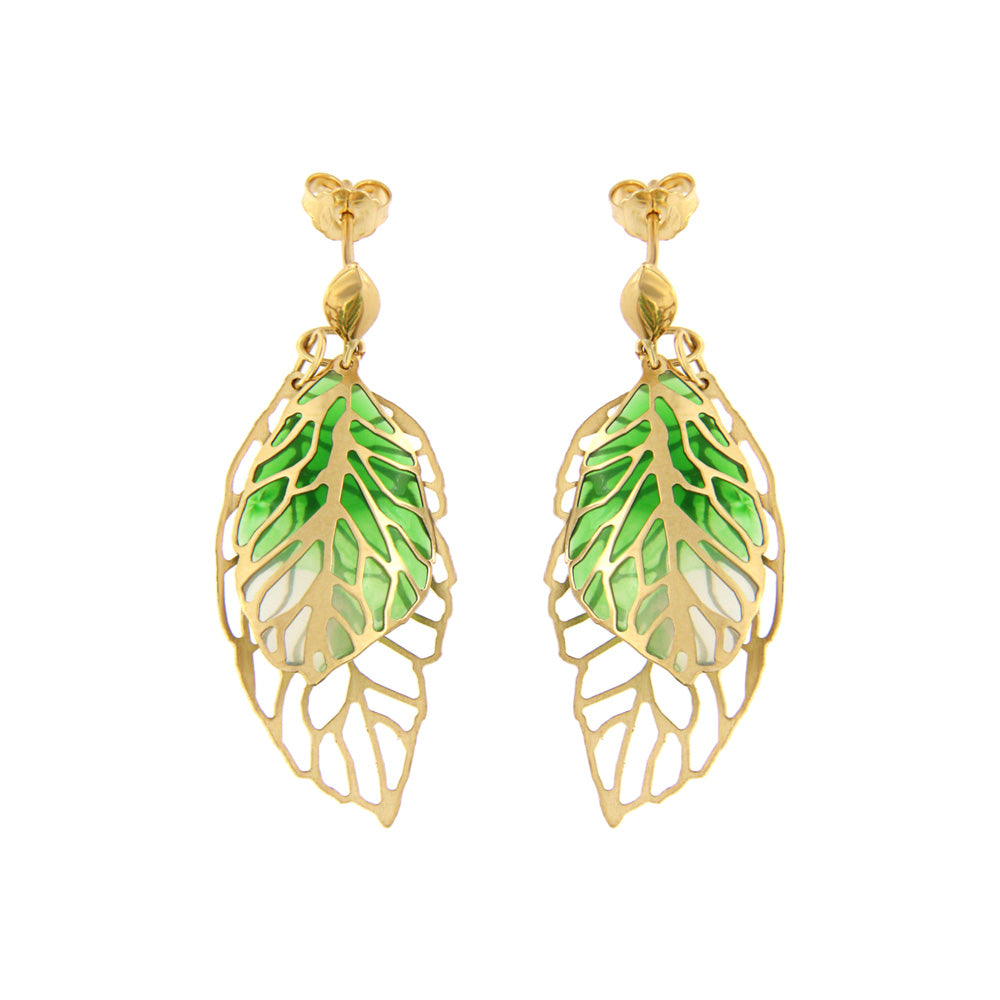 18ct gold Enamel leaf earrings