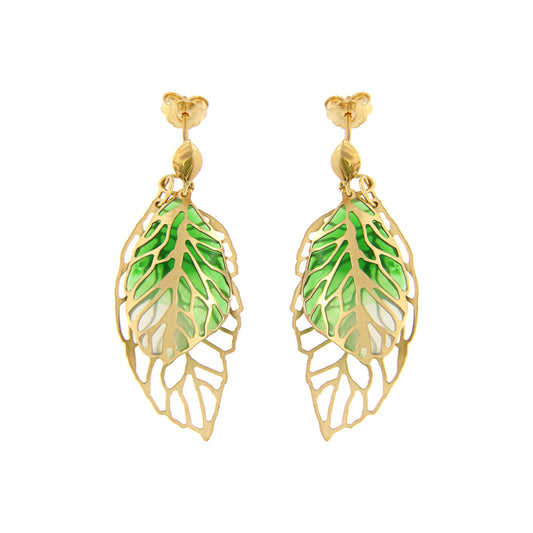 18ct gold Enamel leaf earrings