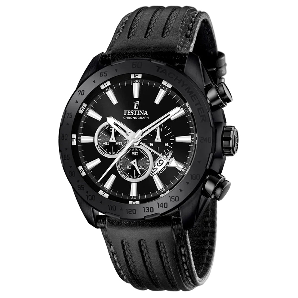 Festina Mens Black-Palted Chrono Watch with Leather Strap