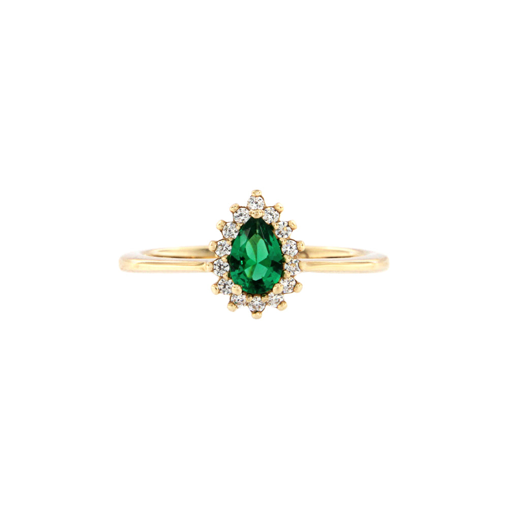 18ct gold Drop green stone ring and white zircons